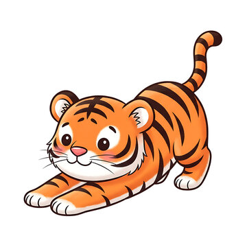 Cute tiger cub stretching playfully in cartoon style with stretching predator character illustration wildlife isolated background friendly movement youthful innocent creature cheerful