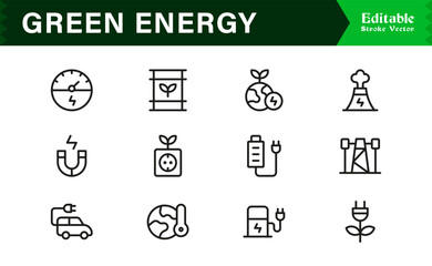 Fototapeta premium Renewable Energy, Eco Power: Unique Line Icon Collection – Clean, Pixel Perfect, Customizable Icons