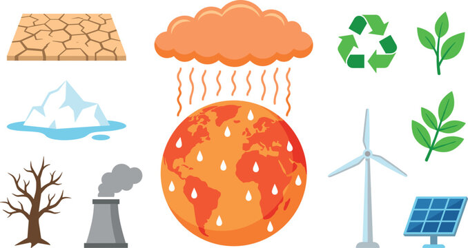 Global Warming and Climate Change Vector Set Featuring Hot Earth Planet Melting Iceberg Drought Land Factory Pollution Wind Turbine and Solar Panel Icons