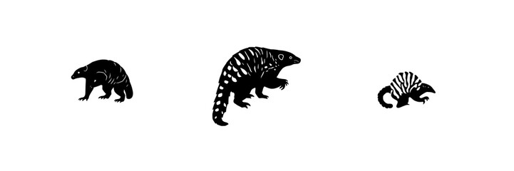 Fototapeta premium Solid black silhouette of a rare pangolin in a defensive walking stance, endangered wildlife conservation icon, white background. set with simple line art design featuring simple design, minimalist...