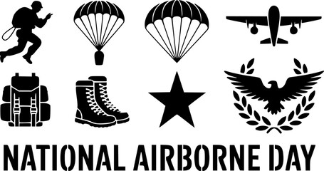 Fototapeta premium National Airborne Day creative vector typography design layout featuring a collection of flat military icons including a paratrooper silhouette, parachutes, cargo airplane, backpack, combat 