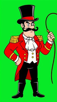 Circus ringmaster in top hat and red tailcoat holding whip, cartoon style, isolated on green background