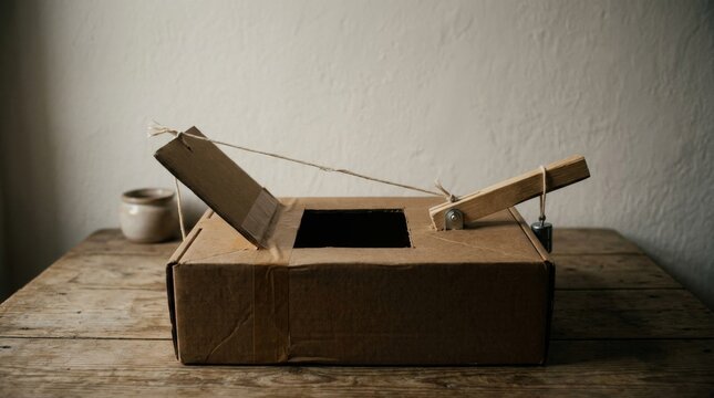 Handmade cardboard box trap mechanism on rustic wooden table.