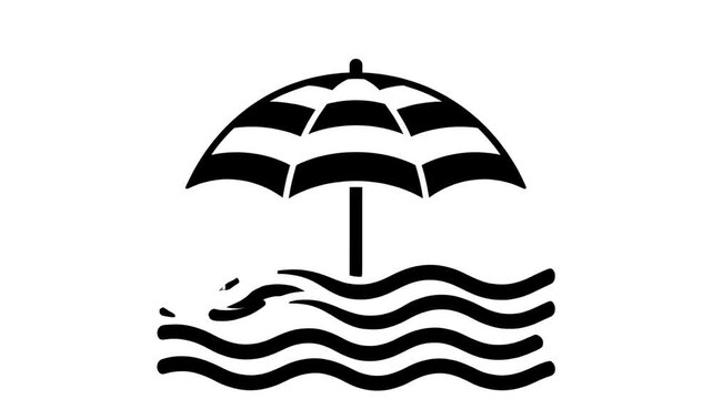 beach umbrella over wavy water line art, simple vacation symbol