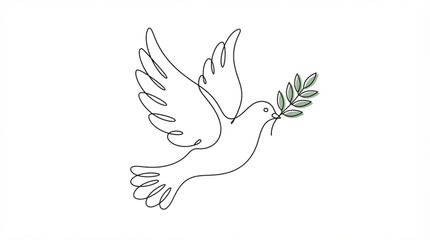 Fototapeta premium Peace dove continuous line art vector illustration with minimalist flying bird and green olive branch isolated on white background