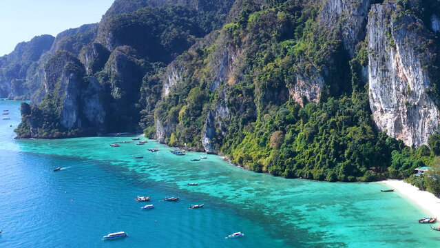 Aerial View of Phi Phi Islands Limestone Cliffs and Turquoise Bay