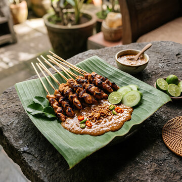 Authentic Indonesian satay skewers served on a fresh banana leaf with peanut sauce for Asian food marketing
