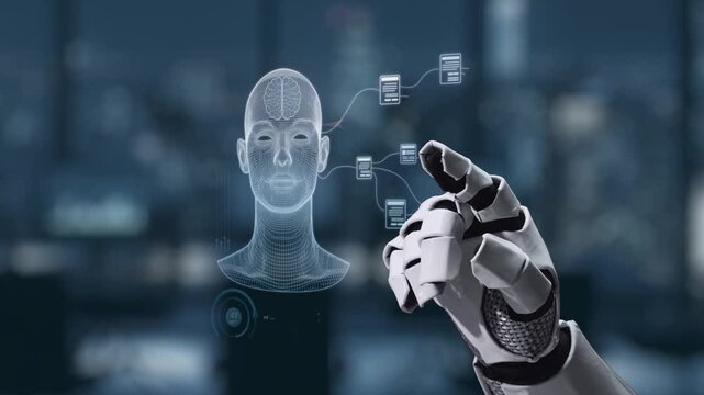 A robotic hand reaches towards a holographic display featuring a human brain and digital elements, symbolizing advancements in technology and artificial intelligence integration. Synapse