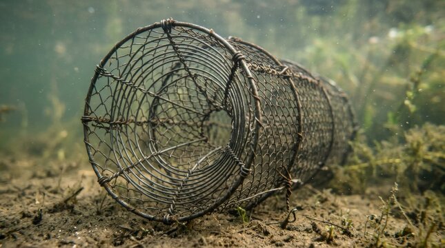 Old metal fishing trap resting on the river bed.