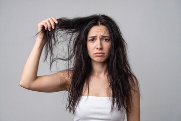 Naklejka premium Young woman with messy, damaged, dry, and frizzy hair looking unhappy and concerned