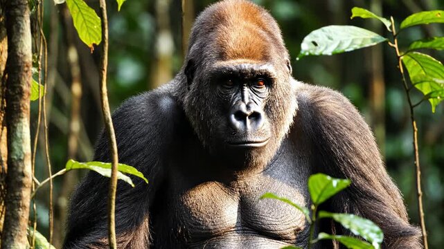 A mature mountain gorilla stares intently while standing deep within the lush green foliage of a dense rainforest habitat as sunlight filters through the canopy to illuminate its powerful dark