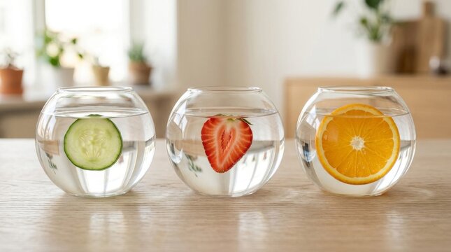 Three round glass bowls with fruit and vegetable slices in water.