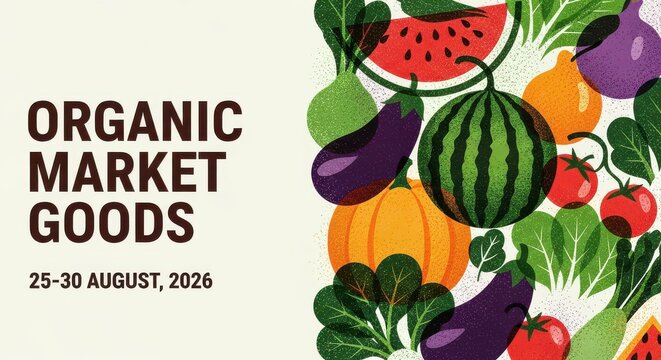 Organic Market Goods Event Banner with Illustrated Fruits and Vegetables for Farmers Market Promotion
