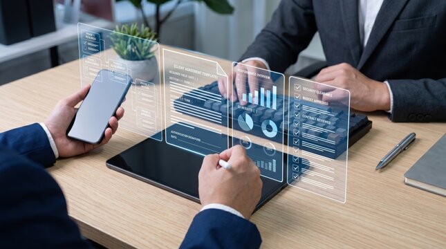 Business professionals collaborating around wooden table using tablet and smartphone with floating holographic interface displaying charts graphs documents and security checklis...