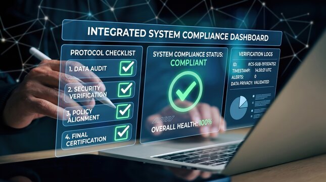 Integrated system compliance dashboard hologram showing protocol checklist data audit security verification policy alignment final certification with compliant status overall he...