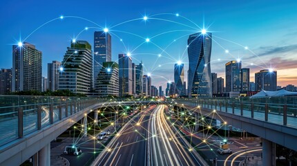 Fototapeta premium Futuristic smart city skyline with glowing network connections overlaying highway traffic, representing urban technology, internet of things, digital infrastructure, connectivit...