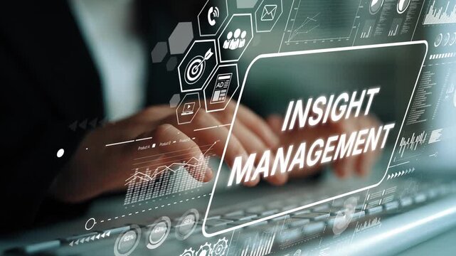 Hands Typing on Keyboard with Insight Management Concept and Digital Data Visualizations in Background. Asymptotic smart data analytic.