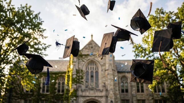 Graduate students throwing mortarboard caps in the air celebrating university degree achievement with confetti falling against historic stone campus building background symboliz...