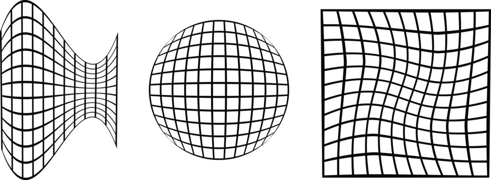 Distorted wireframe grid set with 3 vector elements, warped mesh sphere and geometric net shapes, black and white optical illusion patterns for abstract graphic design and tech backgrounds