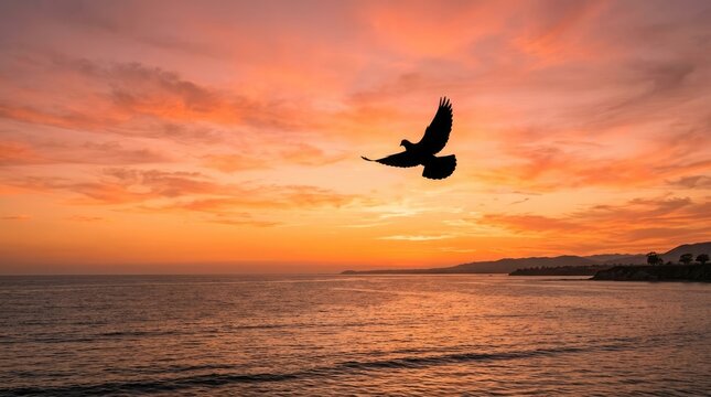 Silhouette of dove flying over sea at sunset