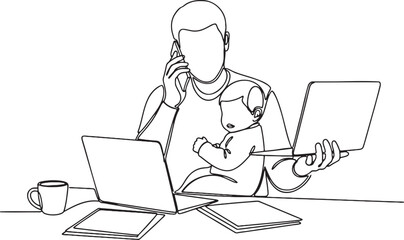 Busy father working on laptop and talking on phone while holding his baby at home office desk