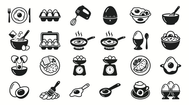 Egg Cooking and Breakfast Icon Set, Fried Egg, Boiled Egg, Baking, Kitchen and Food Preparation Silhouette Vector Collection