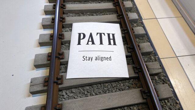 Clear pathway sign on railway track urging alignment for safety and direction in a well-defined travel area