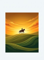 Obraz premium Silhouette of a lone horse rider on rolling hills at sunset