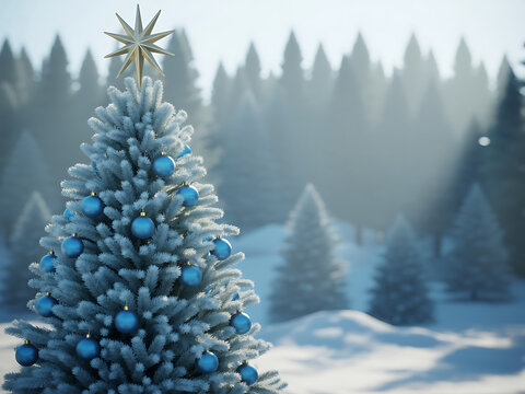 Decorated christmas tree with blue ornaments in a snowy forest landscape christmas decoration