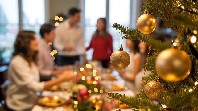 Close up of golden ornaments on christmas tree with blurred family dinner in background, christmas