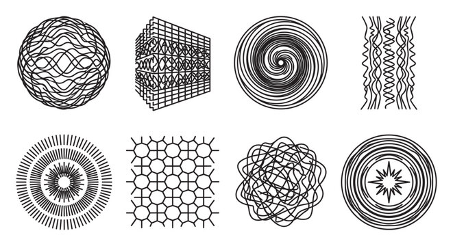 Abstract geometric patterns and shapes sphere cube spiral and concentric circles.