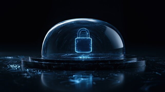 Digital padlock under a glowing blue shield on a dark circuit board