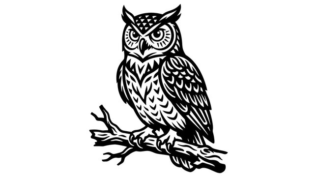 Detailed owl illustration with geometric feather patterns perched on rustic tree branch.