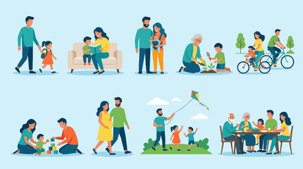 Fototapeta premium A collection of flat vector illustrations depicts various family members engaging in daily activities, including reading, gardening, and playing together.