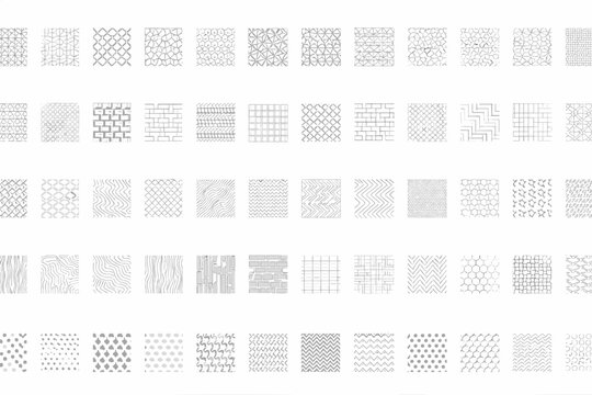 Minimalist geometric pattern swatches, collection of 50 monochrome seamless textures, black and white abstract vector backgrounds for graphic design