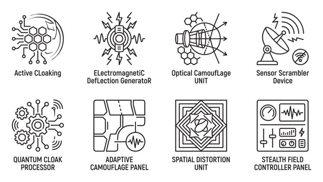 Active cloaking electromagnetic deflection optical camouflage sensor scrambler quantum processor.