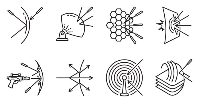 Collection of laser beam and energy shield icons demonstrating defense and impact effects.