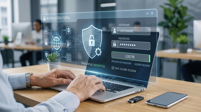 Secure access portal login screen with VPN encryption status shield icon username password fields and save session checkbox displayed as holographic overlay above laptop keyboar...
