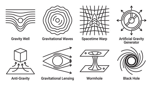Collection of physics and science fiction icons showing gravity and space concepts.