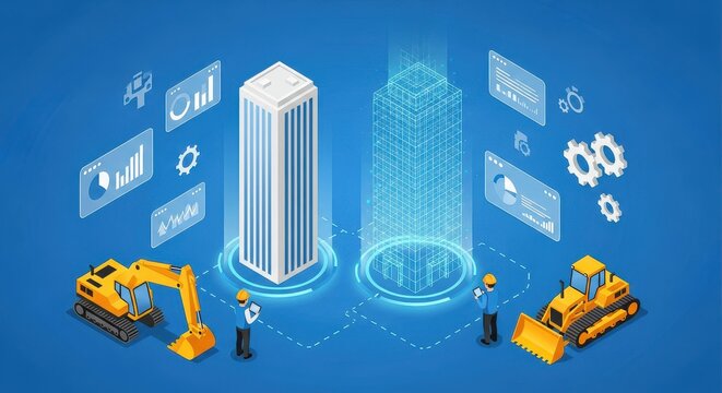 Isometric Smart Construction Site with Digital Twin Building Model, BIM Technology, Data Analysis and Heavy Machinery