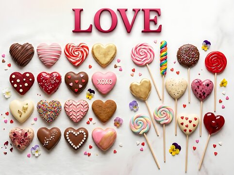 Colorful assortment of heartshaped candies and lollipops arranged beautifully with love theme decorations and flowers
