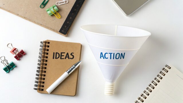 Conceptual funnel for transforming ideas into action with notebooks and stationery on a modern workspace desk