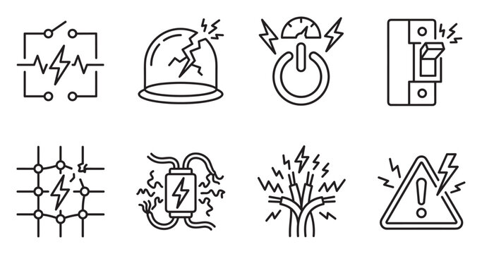 Electricity energy power circuit breaker fuse lightning bolt icons set.