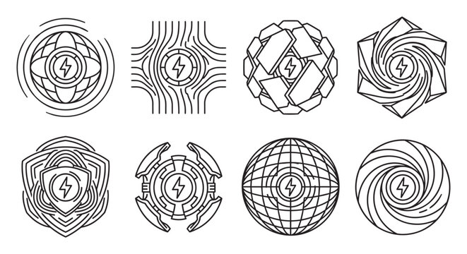 Energy icons collection with lightning bolt and abstract geometric shapes.
