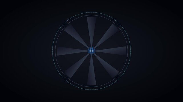 Abstract blue glowing radial loading spinner animation with rotating geometric spokes for digital interface and tech backgrounds 4k