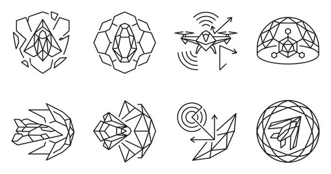 Geometric abstract shapes forming spacecraft drone and dome symbol for technology concept.