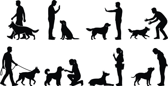 Dog Training Commands and Human Interaction Silhouette Set with Obedience and Walking Vector Collection