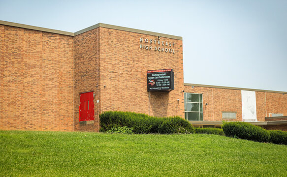 Northeast High School brick building exterior, Philadelphia, Pennsylvania, USA, July 17, 2026