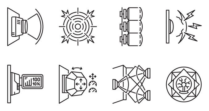 Sound speaker projecting sound waves and energy waves with radiating circles and panels.