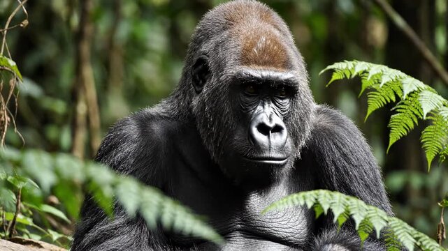 A mature silverback gorilla rests peacefully amidst the dense green vegetation of the central African rainforest while observing his surroundings with a calm expression within the natural
